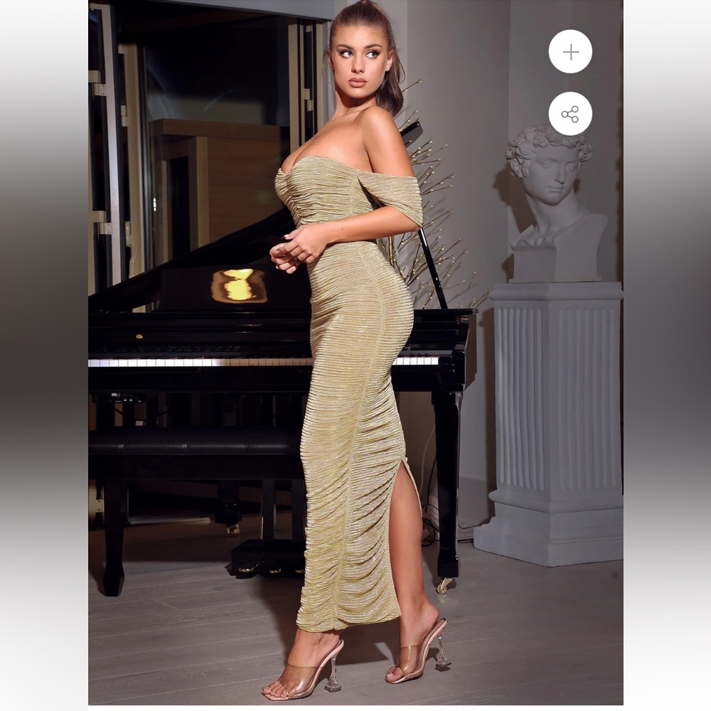 Miss Circle Gene Gold ruched off the shoulder chiffon maxi dress